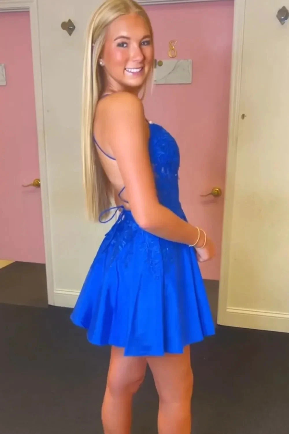 Gorgeous A Line Spaghetti Straps Royal Blue Corset Homecoming Dress with Appliques by KissProm