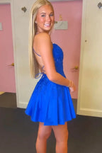 Gorgeous A Line Spaghetti Straps Royal Blue Corset Homecoming Dress with Appliques by KissProm