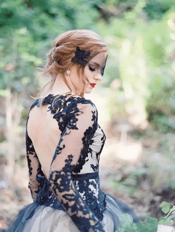 Gorgeous A-line V neck Long Sleeve Black Lace Wedding Dress Bridal Gown WD485 by pgmdress