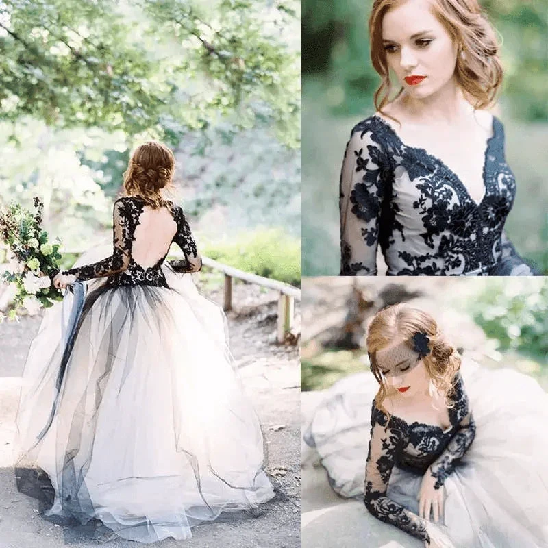 Gorgeous A-line V neck Long Sleeve Black Lace Wedding Dress Bridal Gown WD485 by pgmdress