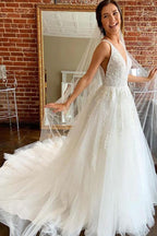 Gorgeous A-line V Neck Open Back Tulle Wedding Dresses with Appliques WD514 by pgmdress