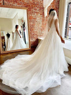 Gorgeous A-line V Neck Open Back Tulle Wedding Dresses with Appliques WD514 by pgmdress