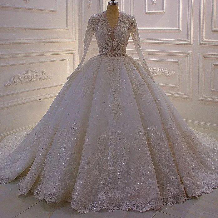 Gorgeous A-line White V-neck Long Sleeves Lace Sequined Wedding Dress by misshow.com