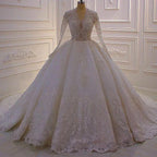 Gorgeous A-line White V-neck Long Sleeves Lace Sequined Wedding Dress by misshow.com