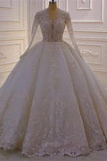 Gorgeous A-line White V-neck Long Sleeves Lace Sequined Wedding Dress by misshow.com