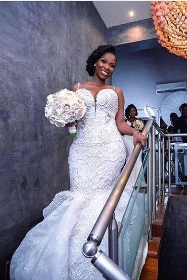 Gorgeous Beaded Lace Mermaid Sweetheart Wedding Dress Spaghetti-Straps Appliques Bridal Wears by misshow.com