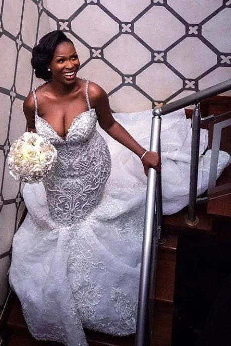 Gorgeous Beaded Lace Mermaid Sweetheart Wedding Dress Spaghetti-Straps Appliques Bridal Wears by misshow.com