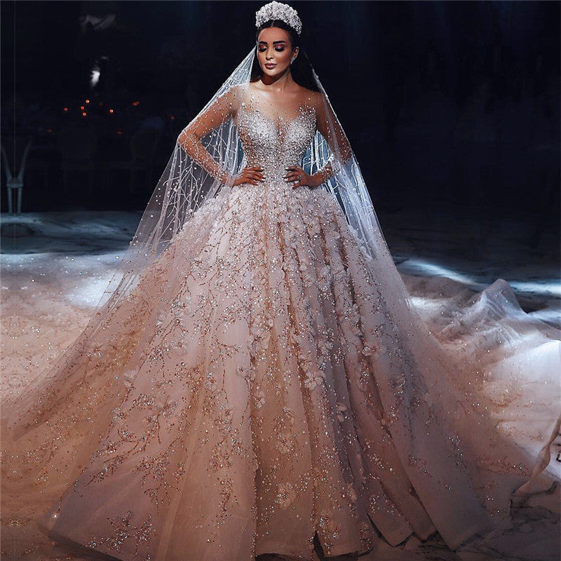 Gorgeous Beading Floral Bridal Wears Sheer Neck Long Sleeves Princess Wedding Dress