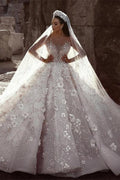 Gorgeous Beading Floral Bridal Wears Sheer Neck Long Sleeves Princess Wedding Dress by misshow.com