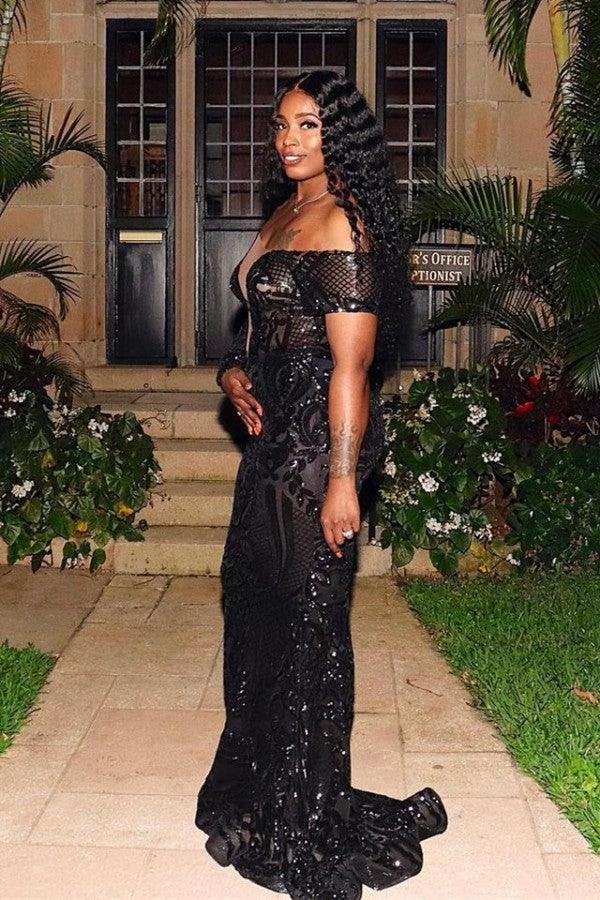 Gorgeous Black Long Mermaid One Shoulder Tulle Lace Prom Dress with Sleeves by BIZTUNNEL