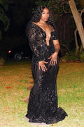 Gorgeous Black Long Mermaid One Shoulder Tulle Lace Prom Dress with Sleeves by BIZTUNNEL