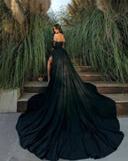 Gorgeous Black Long Sleeves Floor Length Strapless Front Split Chiffon Prom Dress by BIZTUNNEL