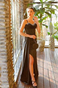 Gorgeous Black Mermaid Straps Sequined Prom Dress With Slit by misshow.com