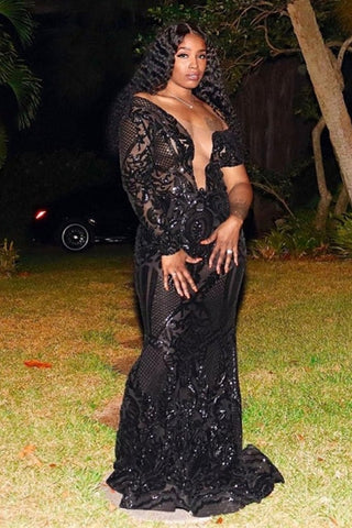 Wunderschönes schwarzes Meerjungfrau-Ballkleid mit einer Schulter und langen Ärmeln