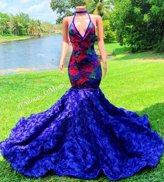 Gorgeous Blue Appliques Halter V-neck Sleeveless Floor-length Mermaid Prom Dresses by misshow.com