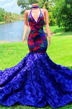 Gorgeous Blue Appliques Halter V-neck Sleeveless Floor-length Mermaid Prom Dresses by misshow.com