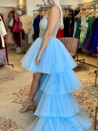 Gorgeous Blue High Low A-line V Neck Beaded Tulle Prom Dresses with Train by BIZTUNNEL