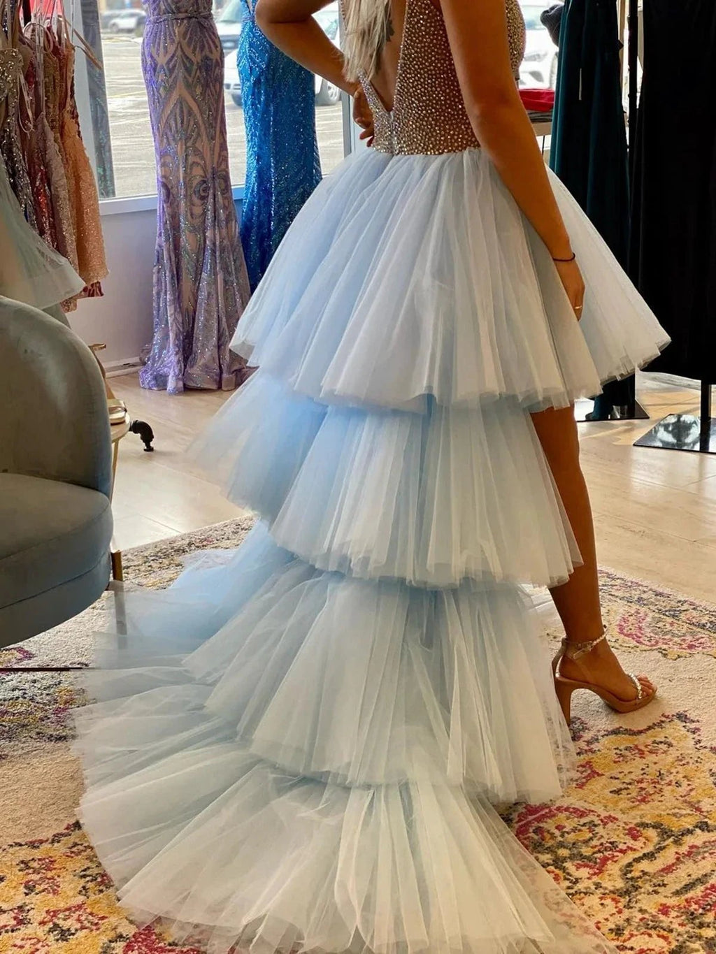 Gorgeous Blue High Low A-line V Neck Beaded Tulle Prom Dresses with Train by BIZTUNNEL