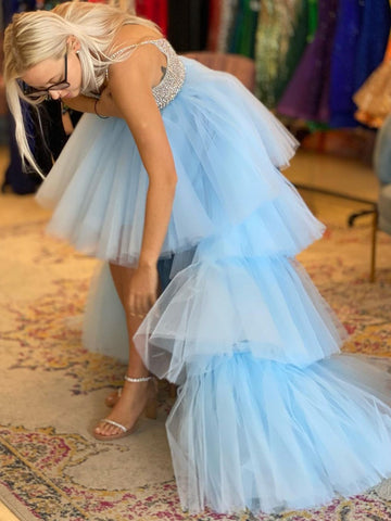 Hermosos vestidos de fiesta de tul con cuentas, escote en V, corte A, azul alto y bajo, con cola