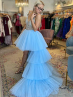 Gorgeous Blue High Low A-line V Neck Beaded Tulle Prom Dresses with Train by BIZTUNNEL