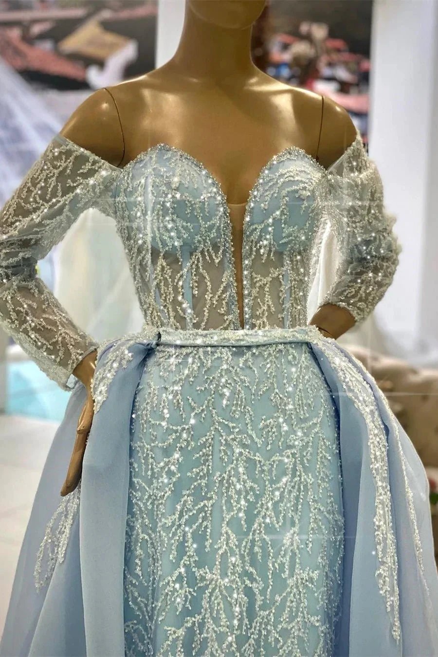 Gorgeous Blue Off-the-shoulder Long Sleeves A-line Beading Prom Dress by misshow.com