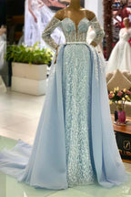 Gorgeous Blue Off-the-shoulder Long Sleeves A-line Beading Prom Dress by misshow.com