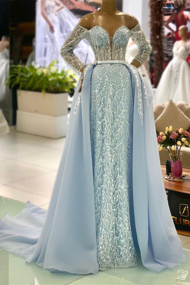 Gorgeous Blue Off-the-shoulder Long Sleeves A-line Beading Prom Dress Hover Image