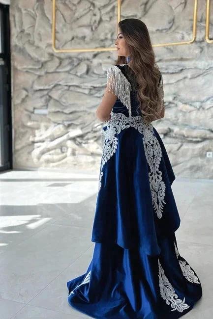 Gorgeous Blue Sweetheart Column Appliques Sleeveless Split Front Floor-length Prom Dresses with Train by misshow.com