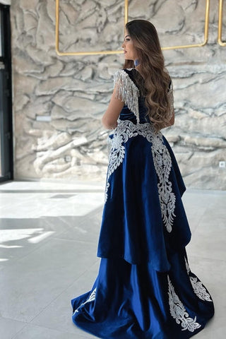 Gorgeous Blue Sweetheart Column Appliques Sleeveless Split Front Floor-length Prom Dresses with Train