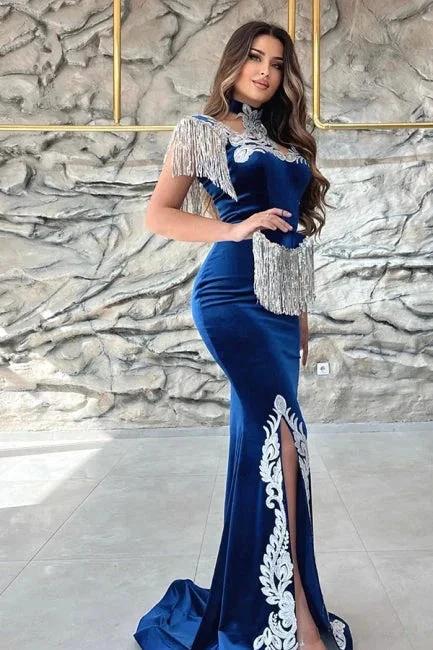 Gorgeous Blue Sweetheart Column Appliques Sleeveless Split Front Floor-length Prom Dresses with Train by misshow.com