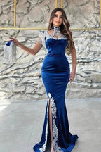 Gorgeous Blue Sweetheart Column Appliques Sleeveless Split Front Floor-length Prom Dresses with Train by misshow.com