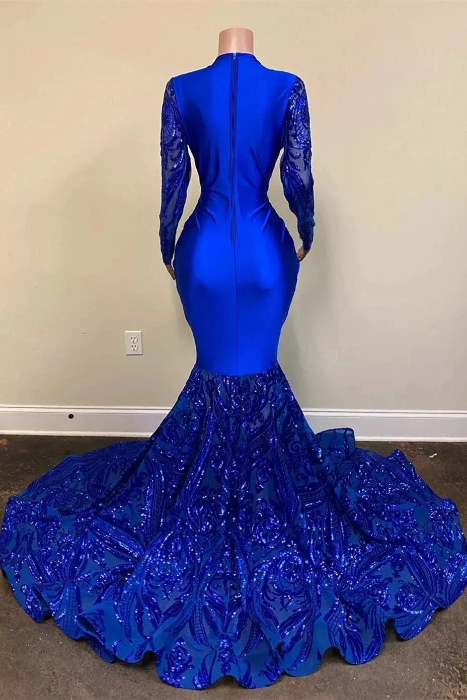 Gorgeous Blue V-neck Sequins Long Sleeve Floor-length Mermaid Prom Dresses by misshow.com
