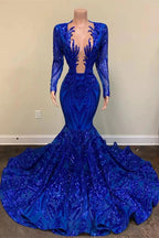 Gorgeous Blue V-neck Sequins Long Sleeve Floor-length Mermaid Prom Dresses by misshow.com