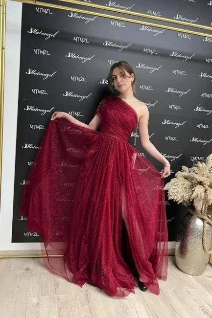 Gorgeous Burgundy Long Glitter A-line One Shoulder Sleeveless Evening Dresses With Slit by misshow.com