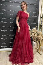 Gorgeous Burgundy Long Glitter A-line One Shoulder Sleeveless Evening Dresses With Slit by misshow.com