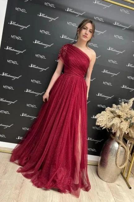 Gorgeous Burgundy Long Glitter A-line One Shoulder Sleeveless Evening Dresses With Slit by misshow.com