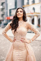 Gorgeous Column Lace High Neck Long Sleeve Prom Dress With Appliques Train by misshow.com
