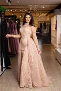 Gorgeous Column Lace High Neck Long Sleeve Prom Dress With Appliques Train by misshow.com
