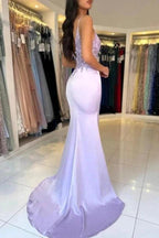 Gorgeous Column Satin Lace V-Neck Sleeveless Prom Dresses With Appliques Split by misshow.com