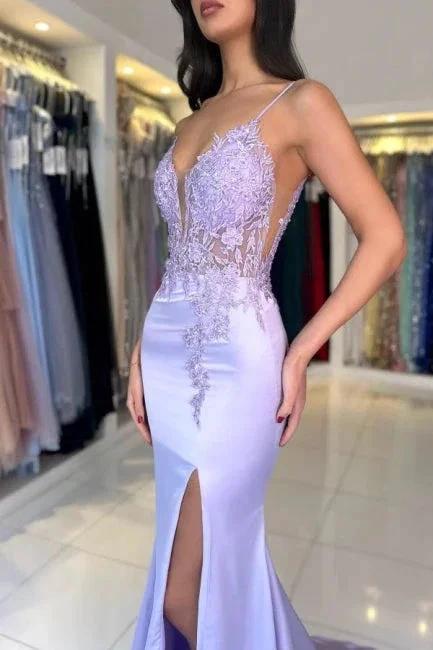 Gorgeous Column Satin Lace V-Neck Sleeveless Prom Dresses With Appliques Split by misshow.com