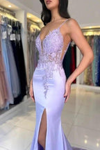 Gorgeous Column Satin Lace V-Neck Sleeveless Prom Dresses With Appliques Split by misshow.com