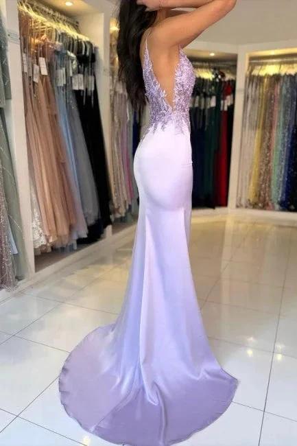 Gorgeous Column Satin Lace V-Neck Sleeveless Prom Dresses With Appliques Split by misshow.com