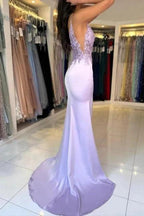Gorgeous Column Satin Lace V-Neck Sleeveless Prom Dresses With Appliques Split by misshow.com