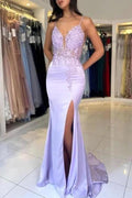 Gorgeous Column Satin Lace V-Neck Sleeveless Prom Dresses With Appliques Split by misshow.com