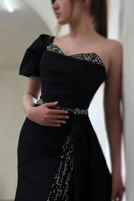 Gorgeous Column Satin One Shoulder Sleeveless Prom Dresses With Sequined Split by misshow.com