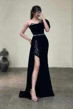 Gorgeous Column Satin One Shoulder Sleeveless Prom Dresses With Sequined Split by misshow.com