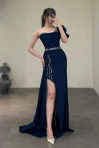 Gorgeous Column Satin One Shoulder Sleeveless Prom Dresses With Sequined Split by misshow.com