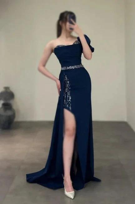 Gorgeous Column Satin One Shoulder Sleeveless Prom Dresses With Sequined Split by misshow.com