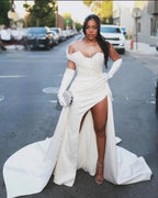 Gorgeous Column Satin One Shoulder Sleeveless White Wedding Dress With Beading Split Train by misshow.com