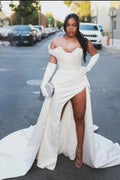Gorgeous Column Satin One Shoulder Sleeveless White Wedding Dress With Beading Split Train by misshow.com